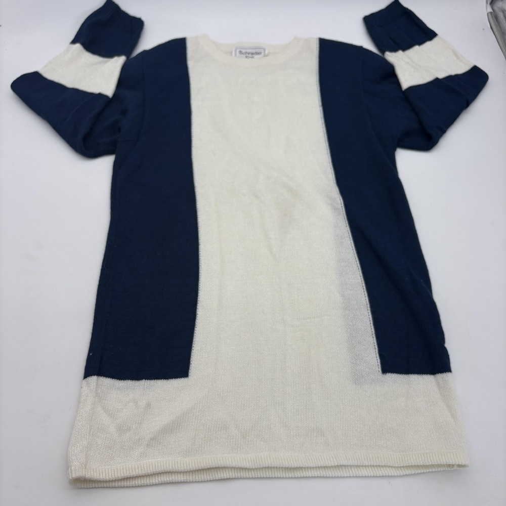 Vintage Schrader Knit Sweater Womens Small Blue White Colorblock Long Tunic